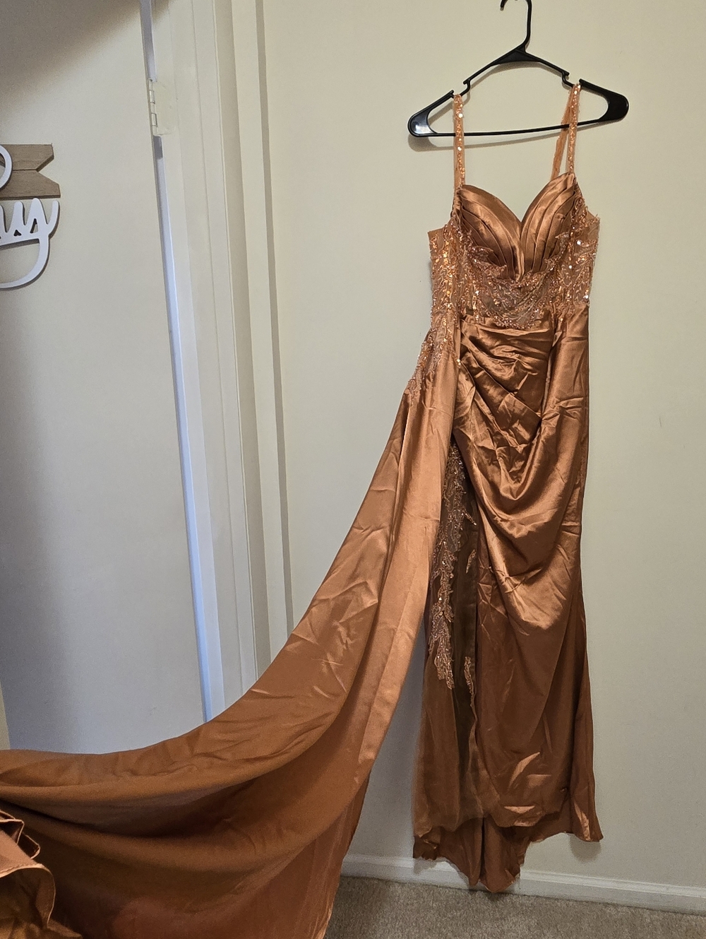 Sleeveless Copper Evening Gown with Lace Bodice